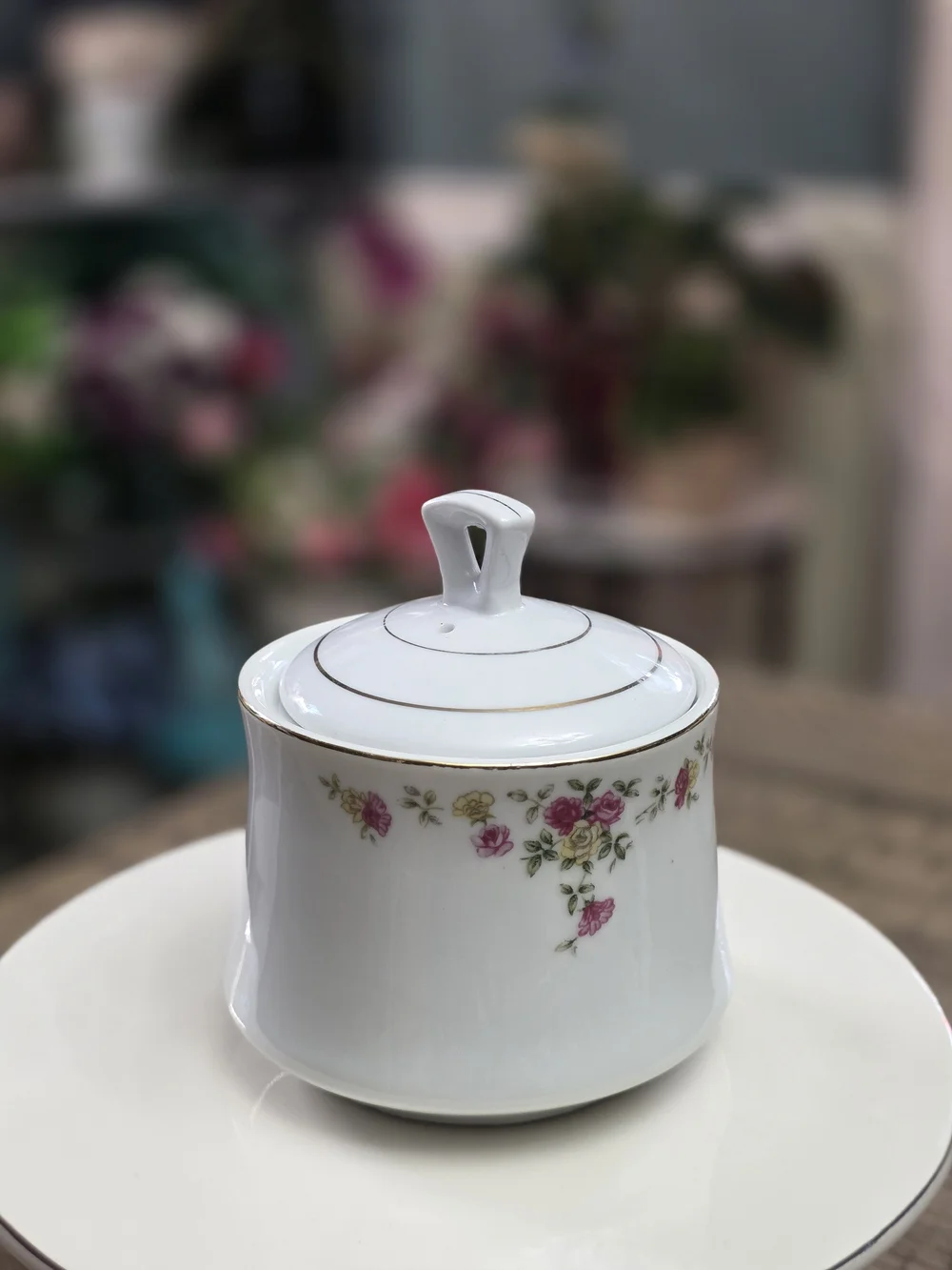 Porcelain Sugar Bowl with Pink Rose Motif - White and Gold Accent